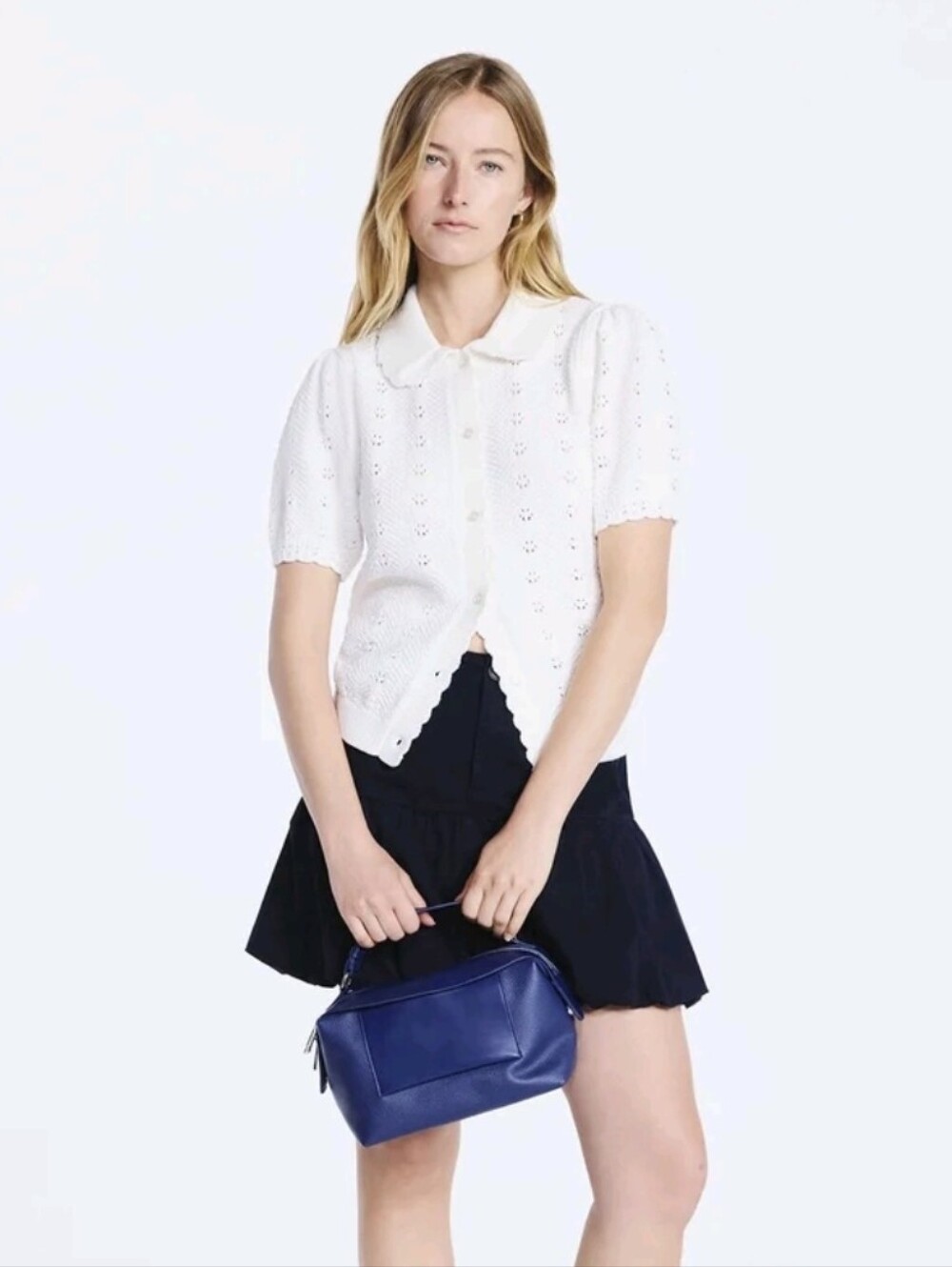 White Eyelet Knit Button-Up Cardigan